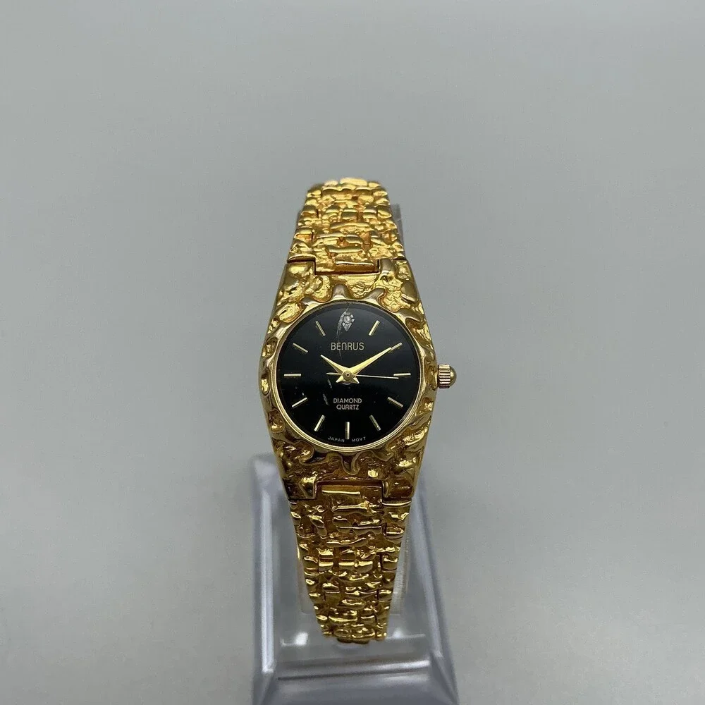 Benrus Womens Watch 22mm Black Dial Gold Tone Textured Bracelet New Battery 6.5